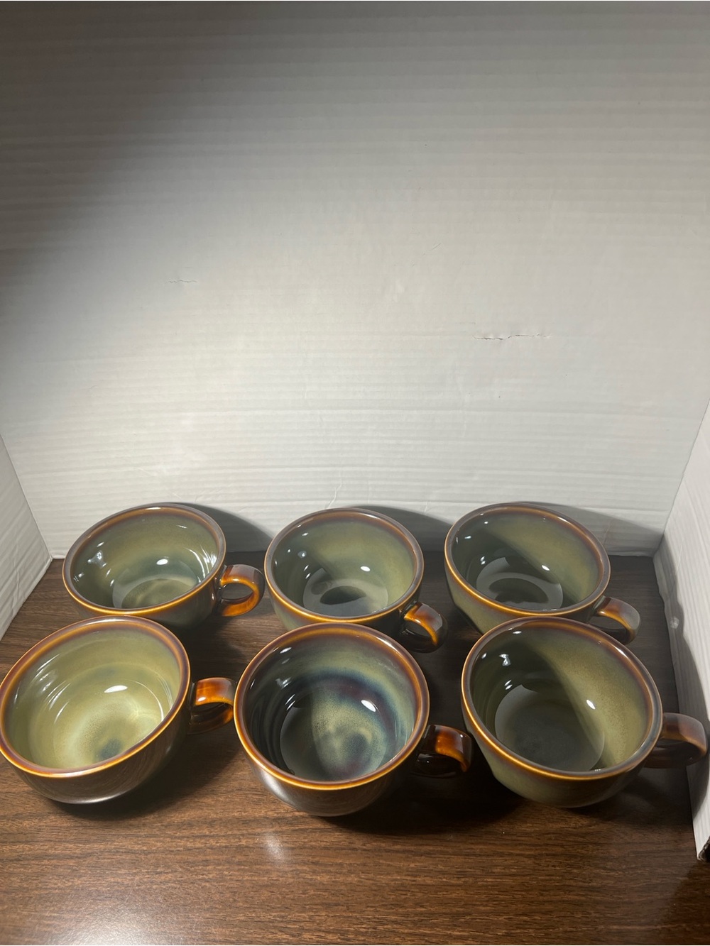 Glazed Ceramic Coffee Mugs Set of 6 - Olive Green with Brown Rim